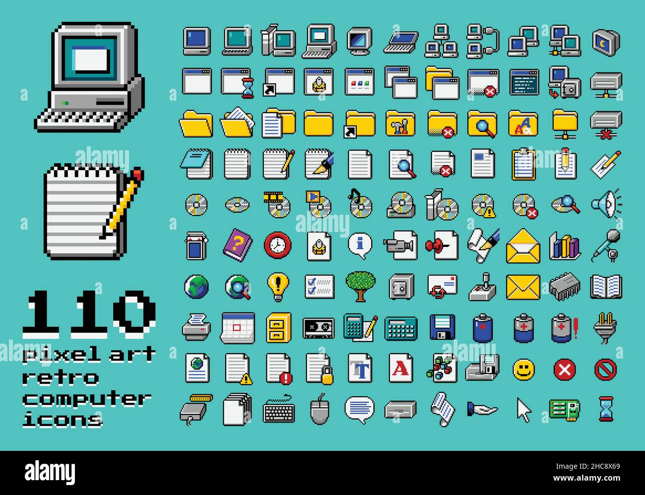 Retro Computer Interface Elemente gesetzt. Alte PC-UI-Symbolwerte für Computer, Ordner, Notizblock-Textdokument, Medienlaser-CD, Ordner, Akku Stock Vektor