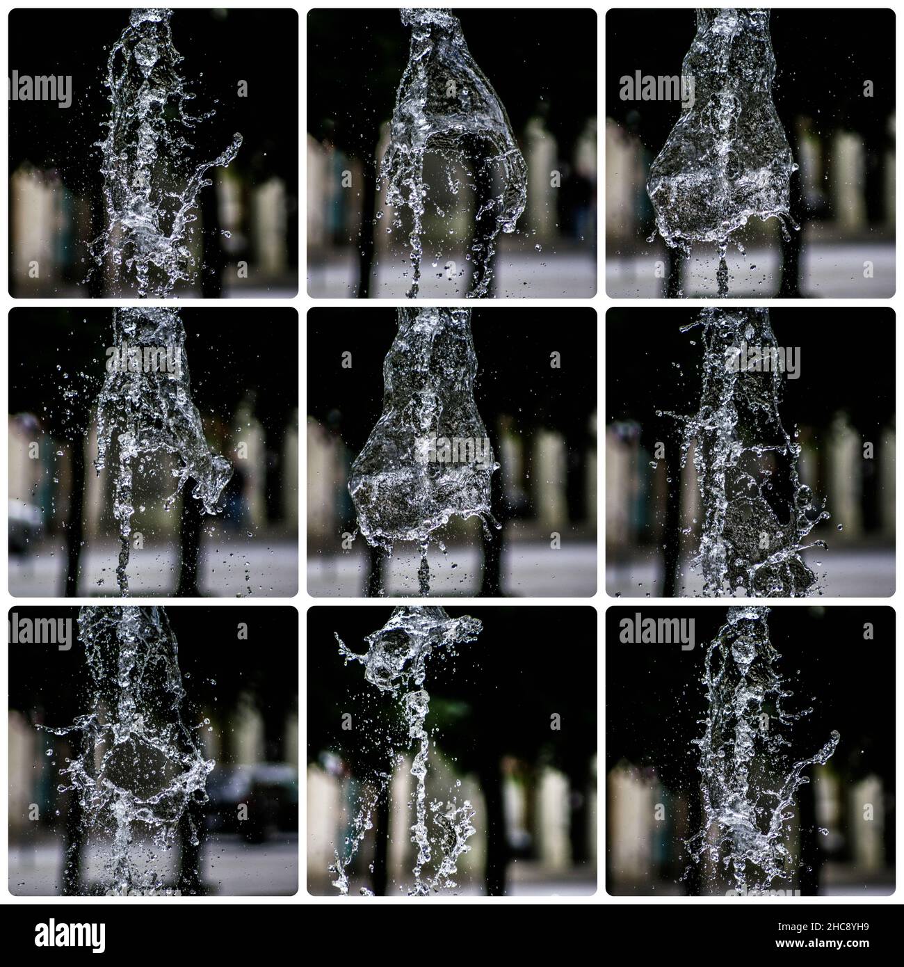 Collage aus Springbrunnen mit Spritzwasser Stockfoto