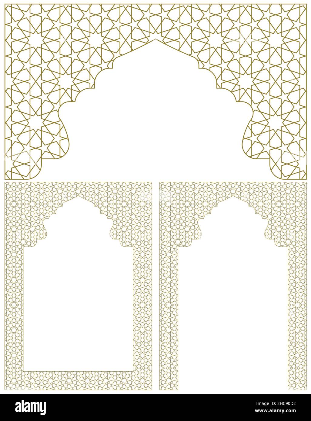 Ein Satz aus drei Designelementen. Zwei Rahmen und ein Bogen . Ornament im arabischen geometrischen Stil Stock Vektor