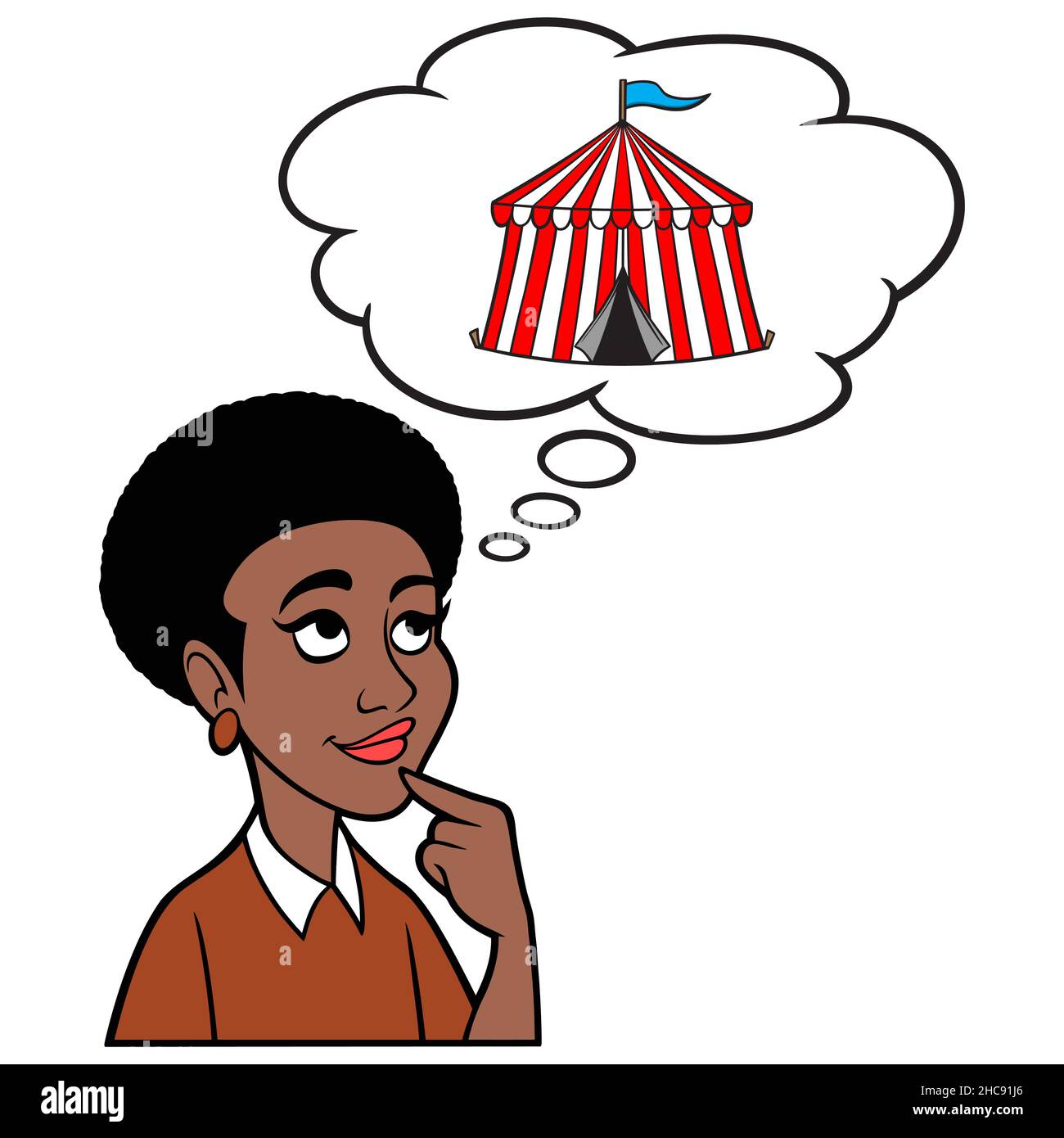 Black Woman Thinking about a Circus Tent - Eine Cartoon-Illustration einer Black Woman Thinking about a Circus Tent. Stock Vektor