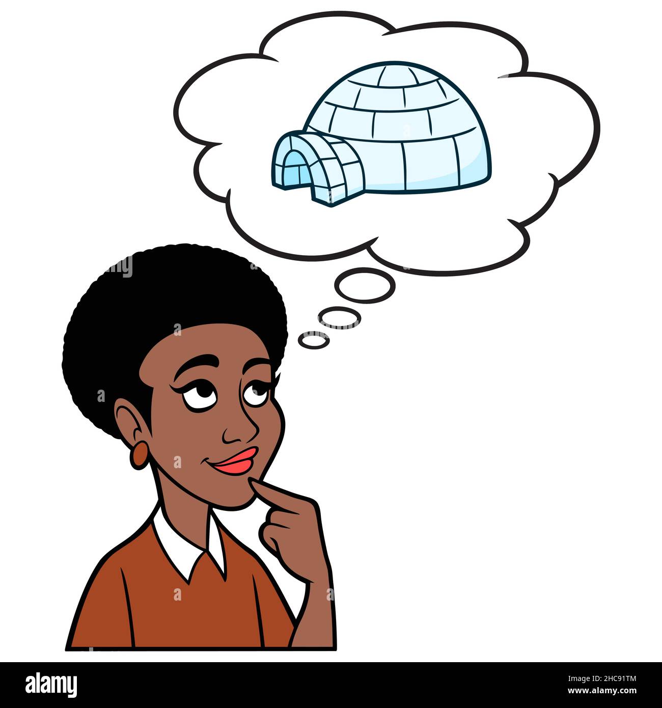 Black Woman Thinking about an Iglu - Eine Karikatur-Illustration einer Black Woman Thinking about living in an Iglu. Stock Vektor