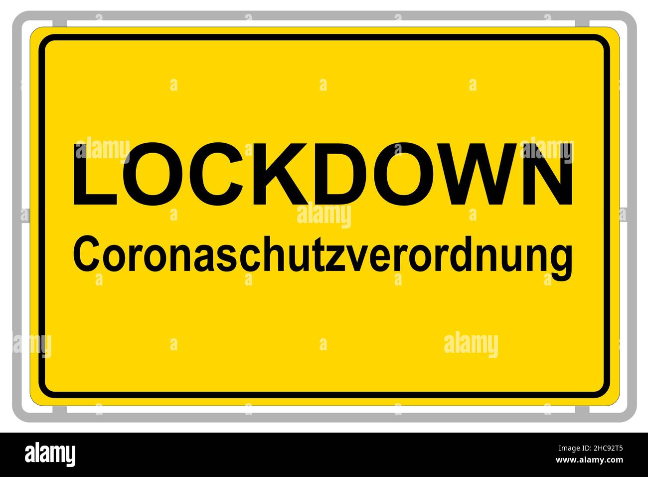 Deutsche Corona Regierungs-Verordnungen Dekrete und Absperrung auf gelbem Verkehrsschild isoliert vor weißem Hintergrund Stockfoto