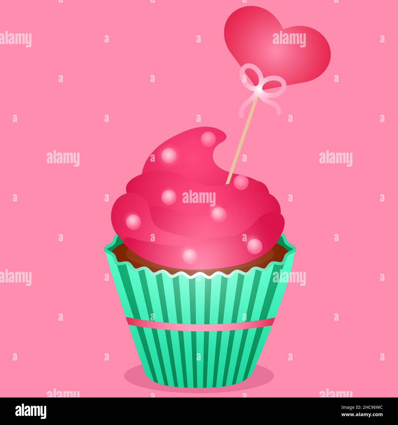 Muffin mit Creme und Topper mit Herz für den valentinstag Stock Vektor