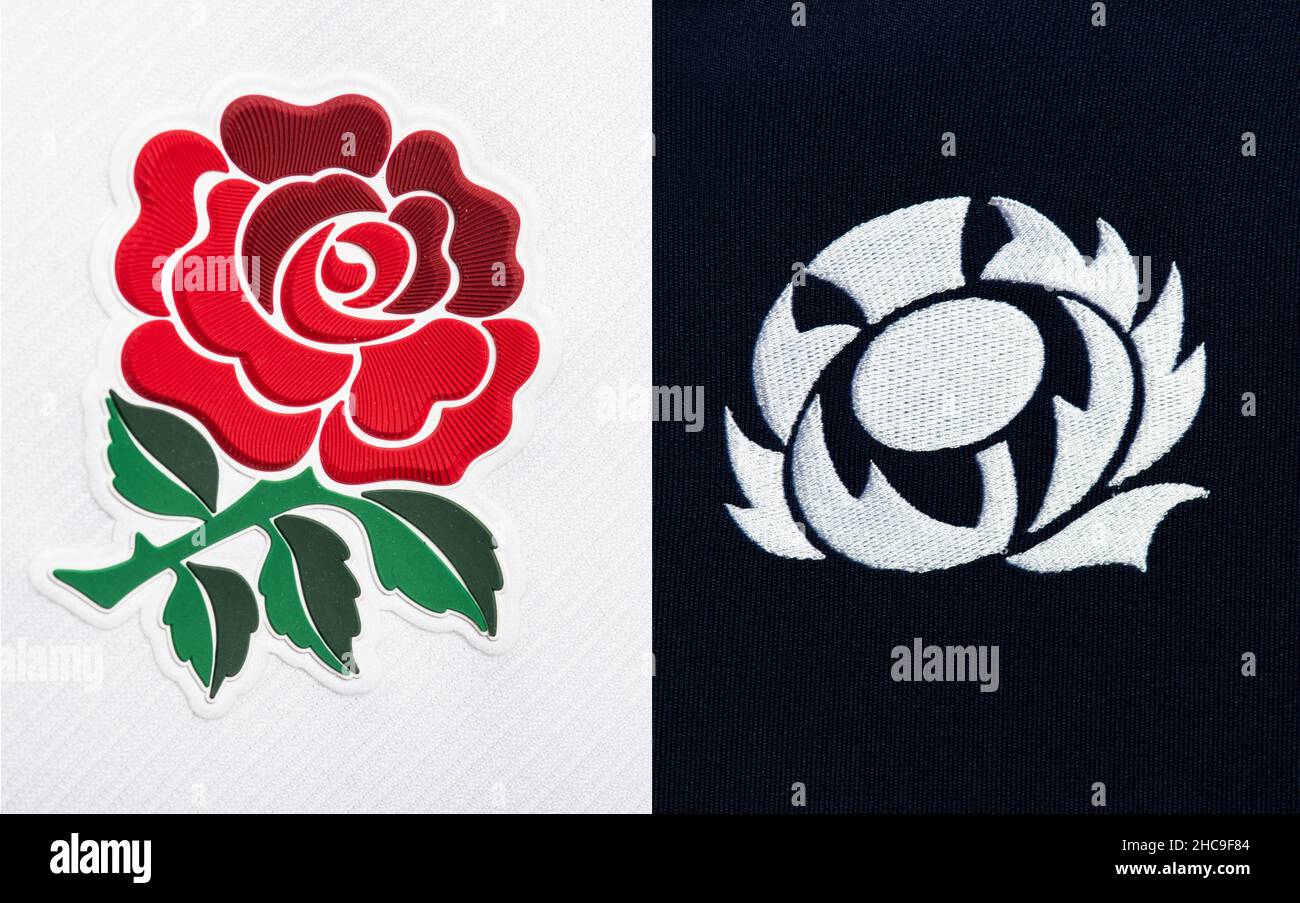 Nahaufnahme des Rugby-Union-Trikots von England und Schottland Stockfoto