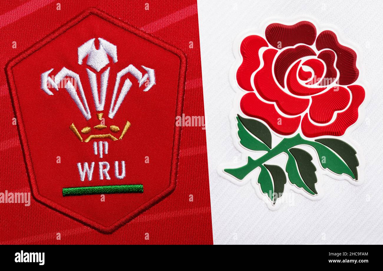 Nahaufnahme des Rugby-Union-Trikots von Wales und England Stockfoto