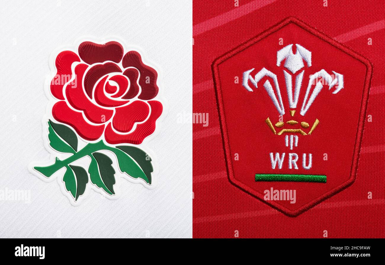 Nahaufnahme des Rugby-Union-Trikots von Wales und England Stockfoto