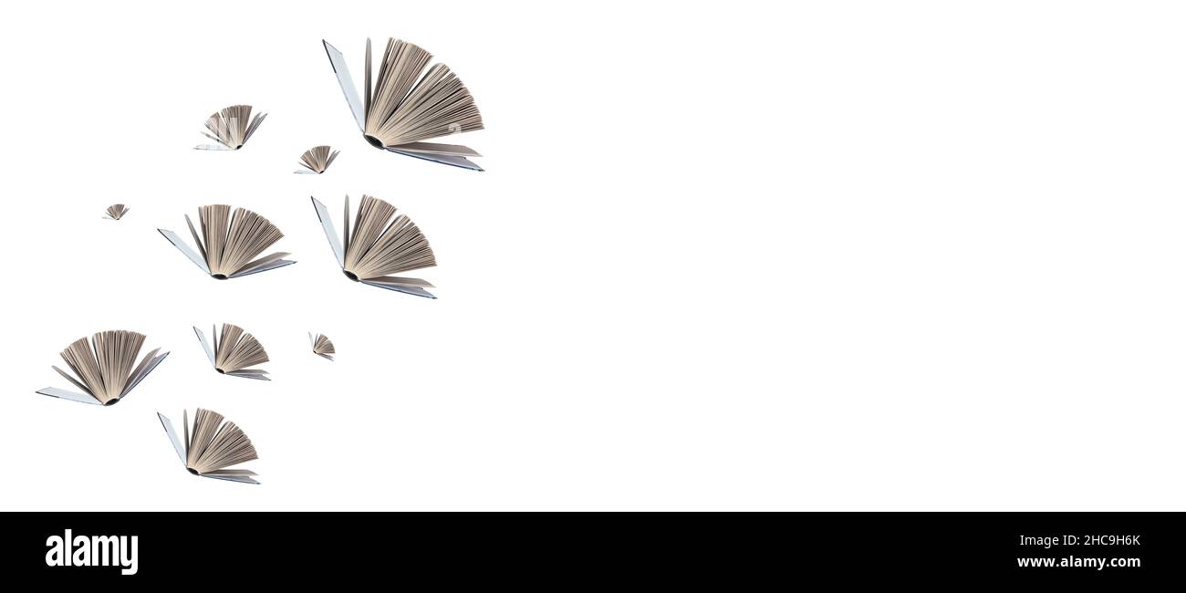Offene Bücher fliegen. Banner für Belletristik mit Kopierbereich. Stockfoto