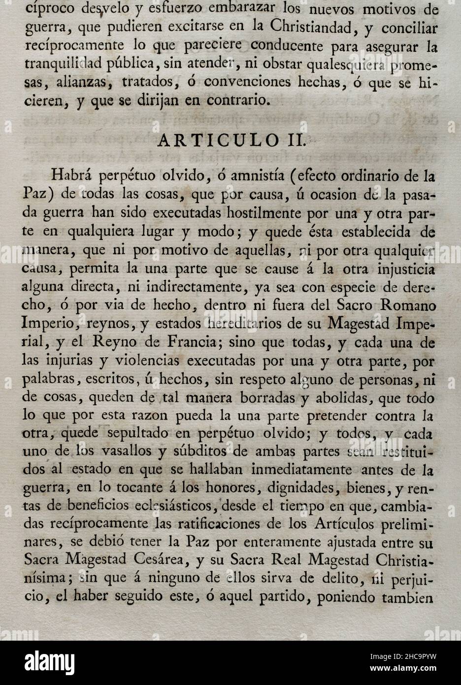 Beitritt von König Philipp V. von Spanien zum Wiener Vertrag (18. November 1738) zwischen Kaiser Karl VI. Von Deutschland und Ludwig XV. Von Frankreich zur Beendigung des polnischen Erbfolgekrieges (1733-1738). Spanien trat im folgenden Jahr bei und unterzeichnete am 21. April 1739 in Versailles. Es wurde am folgenden 13. Mai von König Philipp V. in Aranjuez ratifiziert. Artikel II (über das ewige Vergessen oder die Amnestie für Kriegsereignisse). Sammlung der Verträge über Frieden, Allianz und Handel, die von der spanischen Krone mit den ausländischen Mächten (Colección de los Tratados de Paz, Alianza, Comercio ajustados por la Corona de España Co Stockfoto