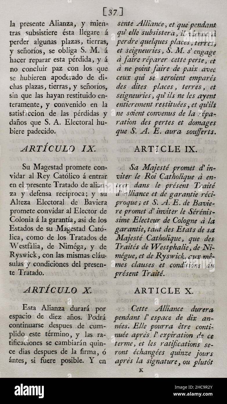 „Vertrag von Versailles“ (9. März 1701). Allianz zwischen Frankreich und Bayern, der Spanien am 7. April 1701 beigetreten ist. Der französische König Ludwig XIV. Und Philipp V. von Spanien haben sich am Vorabend des spanischen Erbfolgekrieges mit dem Kurfürsten von Bayern, Maximilian II. Emanuel, verbündet. Der Kurfürst von Bayern würde die französisch-spanische Koalition im bevorstehenden Krieg politisch und militärisch unterstützen, im Gegenzug für die Abtretung zu seinen Gunsten von den spanischen Niederlanden. Ratifikations- und Beitrittsakt von König Philipp V. zum vom Kurfürsten von Bavari geschlossenen Bündnisvertrag Stockfoto