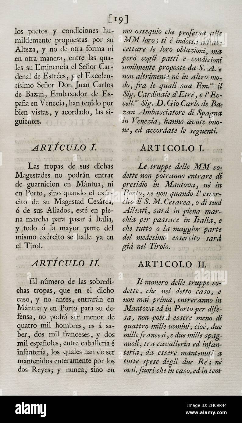 Vertrag der gegenseitigen Allianz, vereinbart zwischen König Philipp V. von Spanien und Ferdinand Karl III von Gonzaga, Herzog von Mantua, der den Herzog gezwungen, Truppen aus Spanien und Frankreich aufzunehmen. Am 24. Februar 1701 in Venedig abgeschlossen und am 19. März dieses Jahres in Buen-Retiro ratifiziert. Artikel I und II Sammlung der Verträge über Frieden, Allianz und Handel, die von der spanischen Krone mit den ausländischen Mächten angepasst wurden (Colección de los Tratados de Paz, Alianza, Comercio ajustados por la Corona de España con las Potencias Extranjeras). Band I. Madrid, 1796. Historische Militärbibliothek von Barcelona, Katalonien, Stockfoto