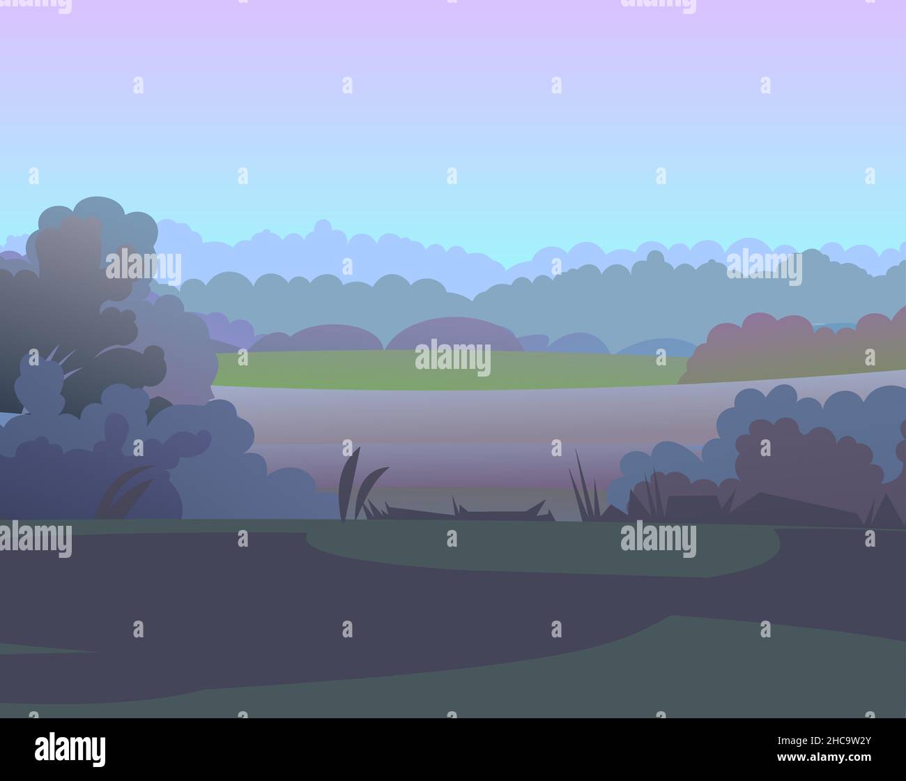 Abendlandschaft. Ländliche Landschaft schöne Aussicht. Dämmerung nach Sonnenuntergang. Früh am Morgen vor Sonnenaufgang. Felder und Wiesen. Flacher Style. Vektor. Stock Vektor