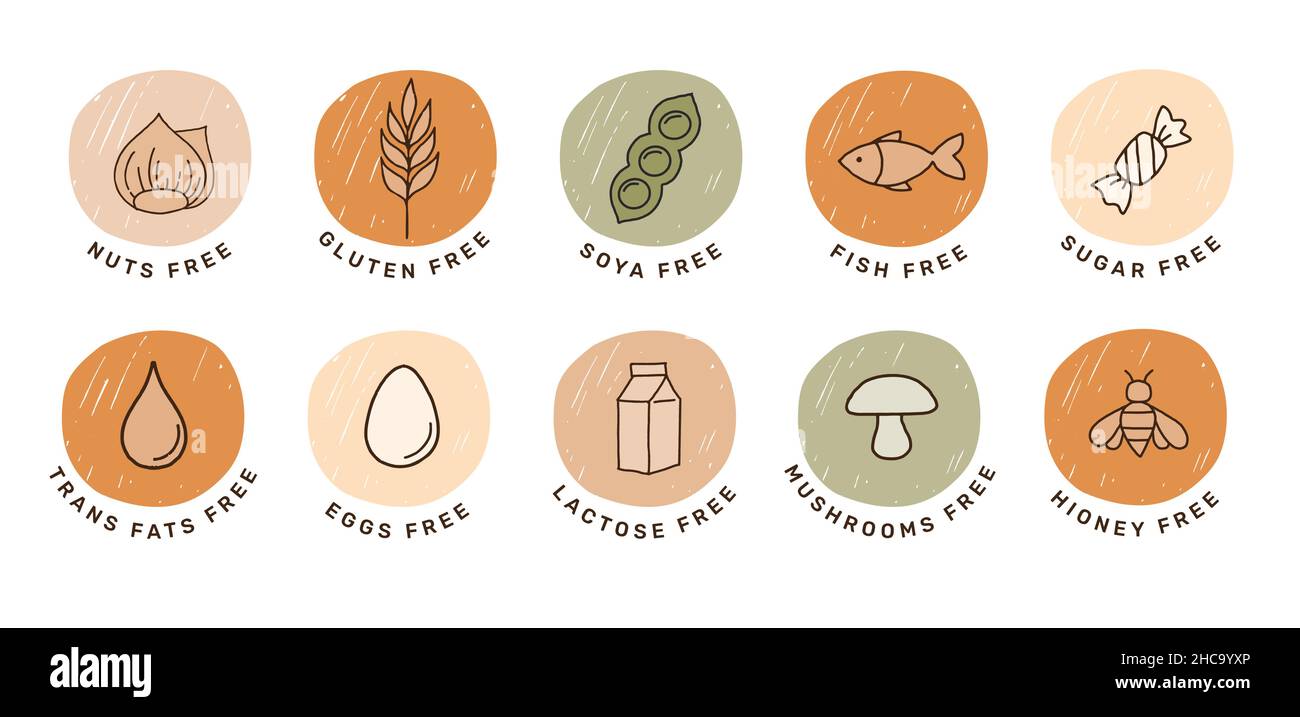 Symbol für handgezeichnete Allergene. Sammlung von glutenfreien, Fisch, Ei, Nüssen, Soja, Milch, milchfreie Symbole, Aufkleber und Symbole Stock Vektor