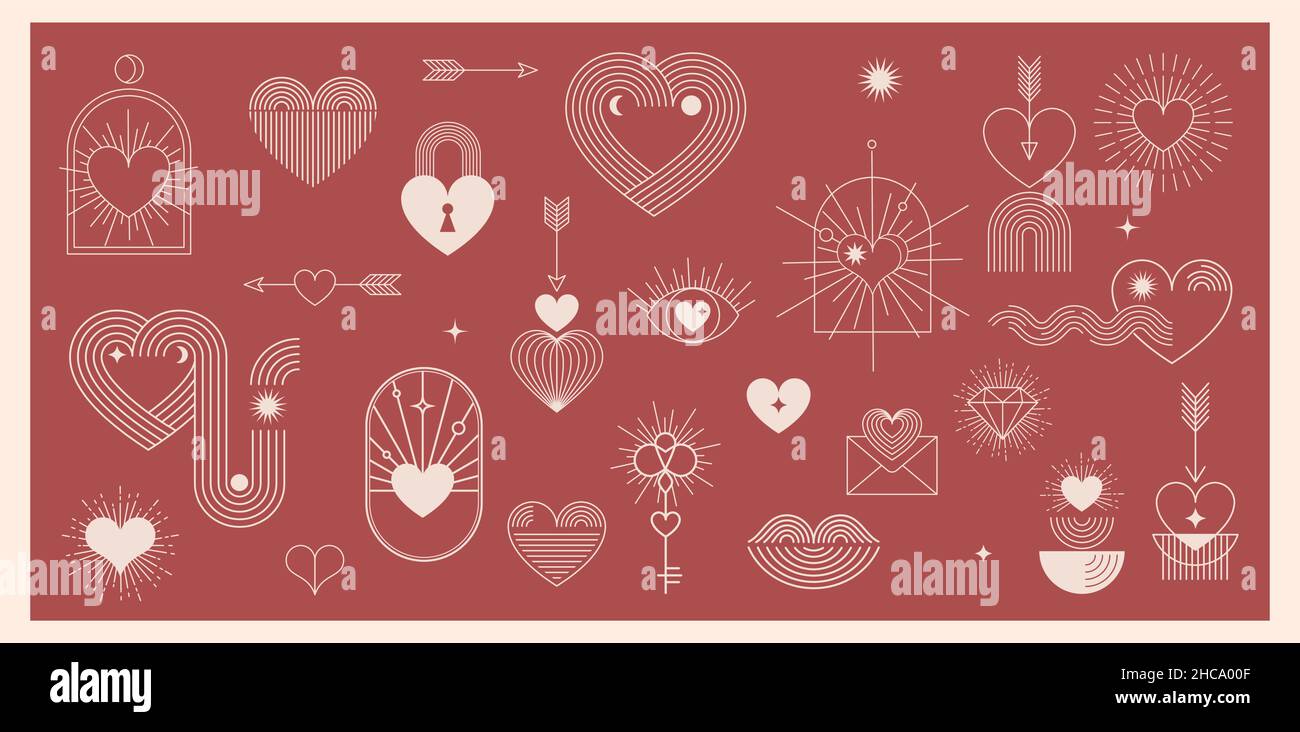 Minimalistische Bohemian Valentinstag Elemente, Kunst lineare Symbole und Symbole, Herz, Lippen, Sonne und Regenbogen, Design-Vorlagen, Geometrisches, abstraktes Design Stock Vektor