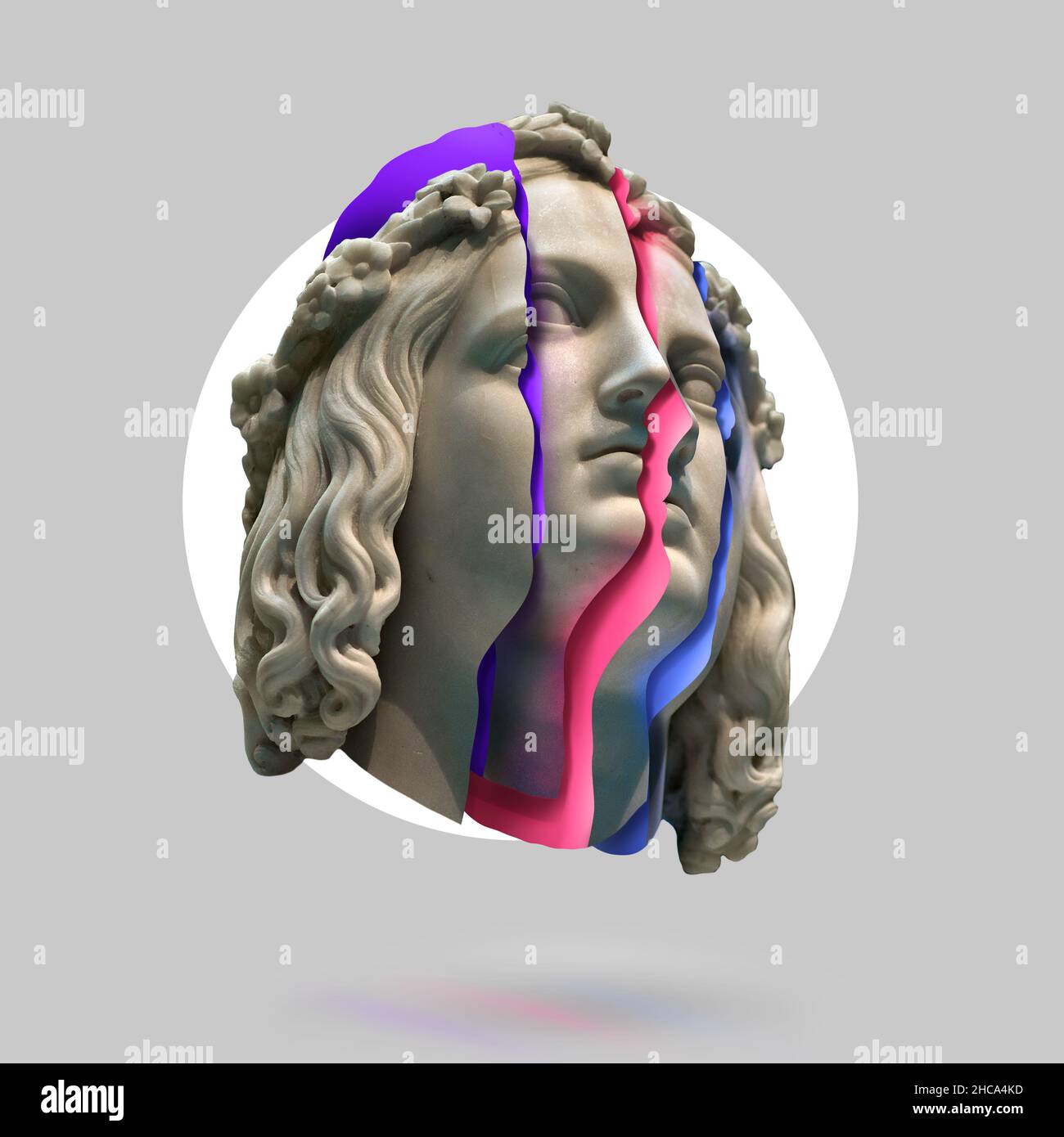 Klassische Statue Hintergrund Konzept. Hintergrund im Vaporwave-Stil. Klassische Skulptur mit Farbverzerrung und farbigen Lichtern. 3D Rendern Stockfoto