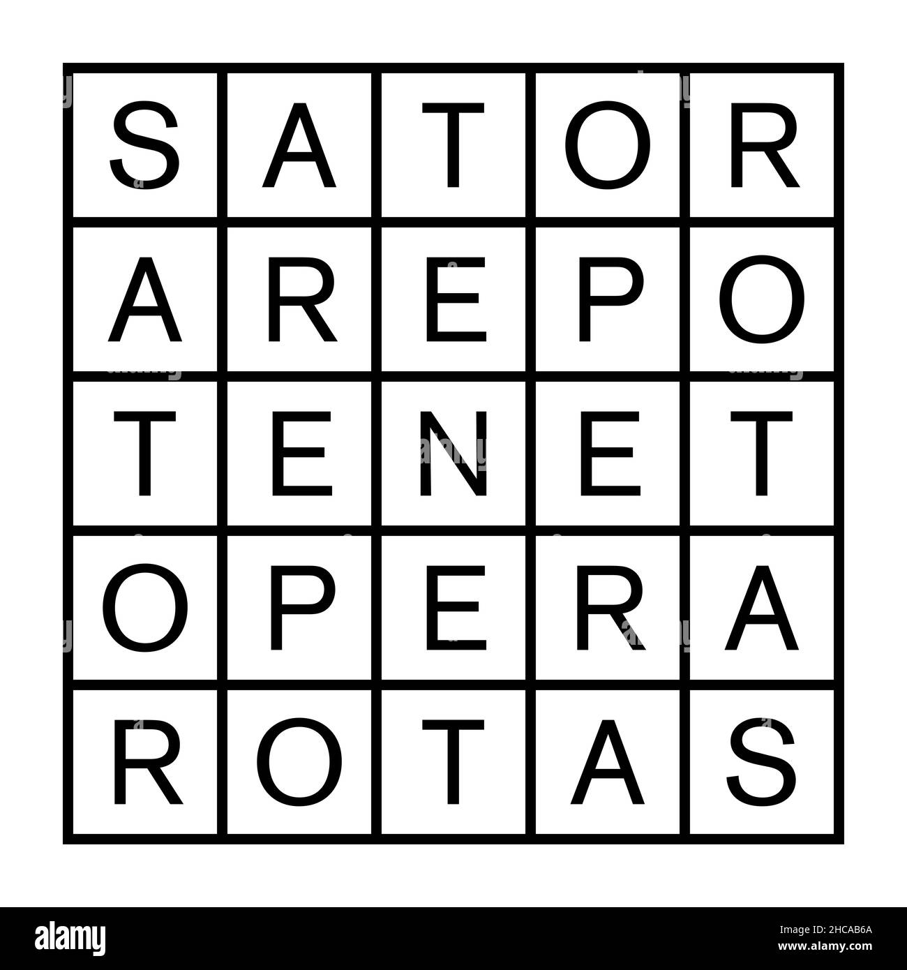 Sator Square oder Rotas Square. Zweidimensionales Wortquadrat mit dem fünfwortigen lateinischen Palindrom Sator, Arepo, Tenet, Opera und Rotas. Stockfoto