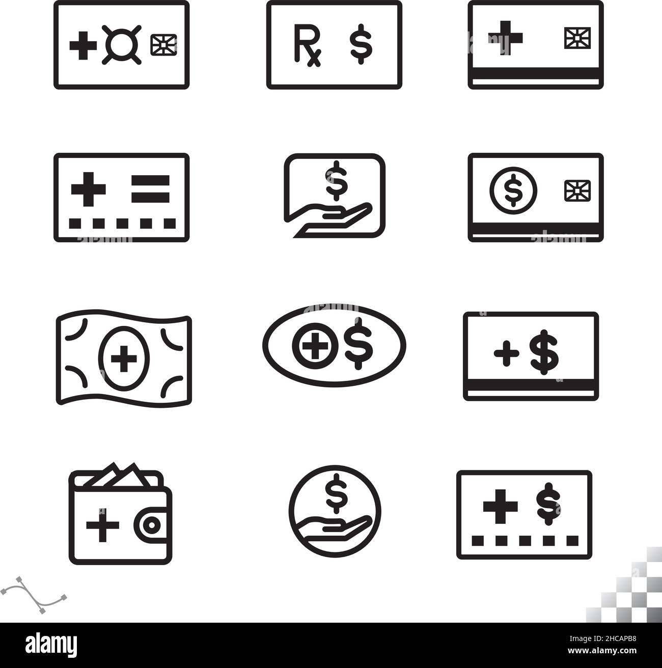 Symbole und Symbole für Co-Payment-Dienste für Ärzte und ärztliche Verschreibungen Stock Vektor