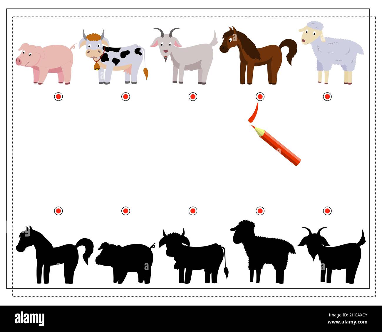 Ein logisches Spiel für Kinder, um den richtigen Schatten zu finden. Finden Sie Schatten für niedliche Nutztiere, Ziege, Schafe, Schwein, Kuh, Pferd. Stock Vektor