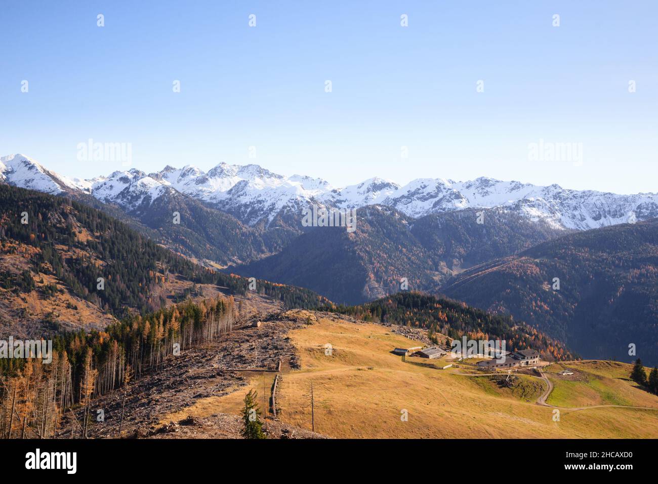 Herbstlandschaft im Mocheni-Tal, Baselga di Pine, Italien. Blick auf die Berge Stockfoto