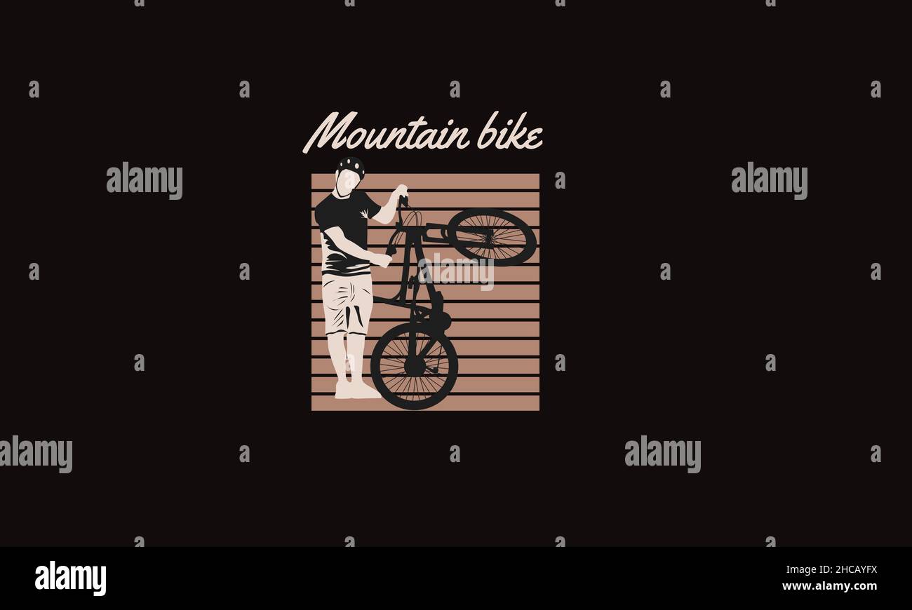 Mountainbike Mann mit Fahrrad-T-Shirt Monogramm Text Vektor Vorlage Stock Vektor