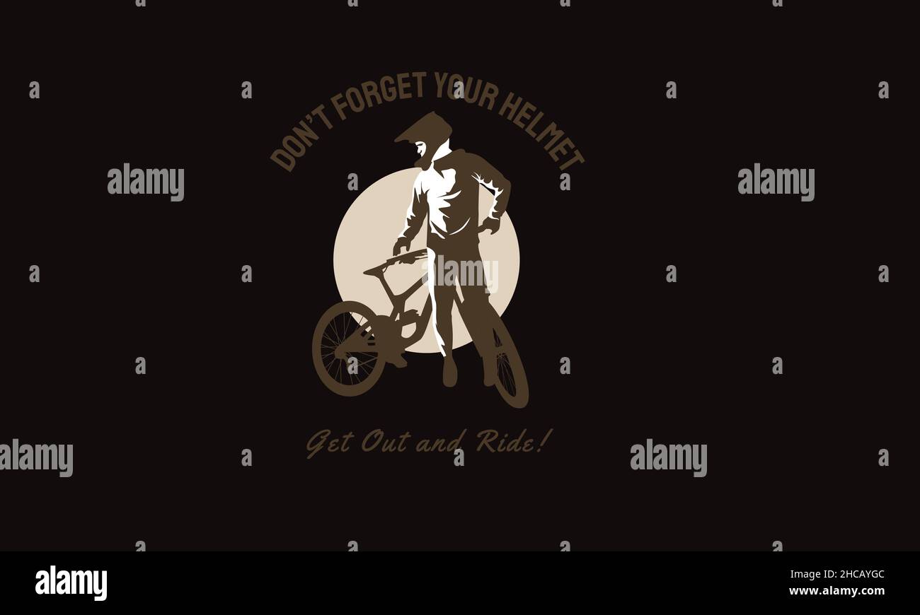 Vergessen Sie nicht, Ihren Helm Mann stehen mit Fahrrad T-Shirt Monogramm Text Vektor Vorlage Stock Vektor