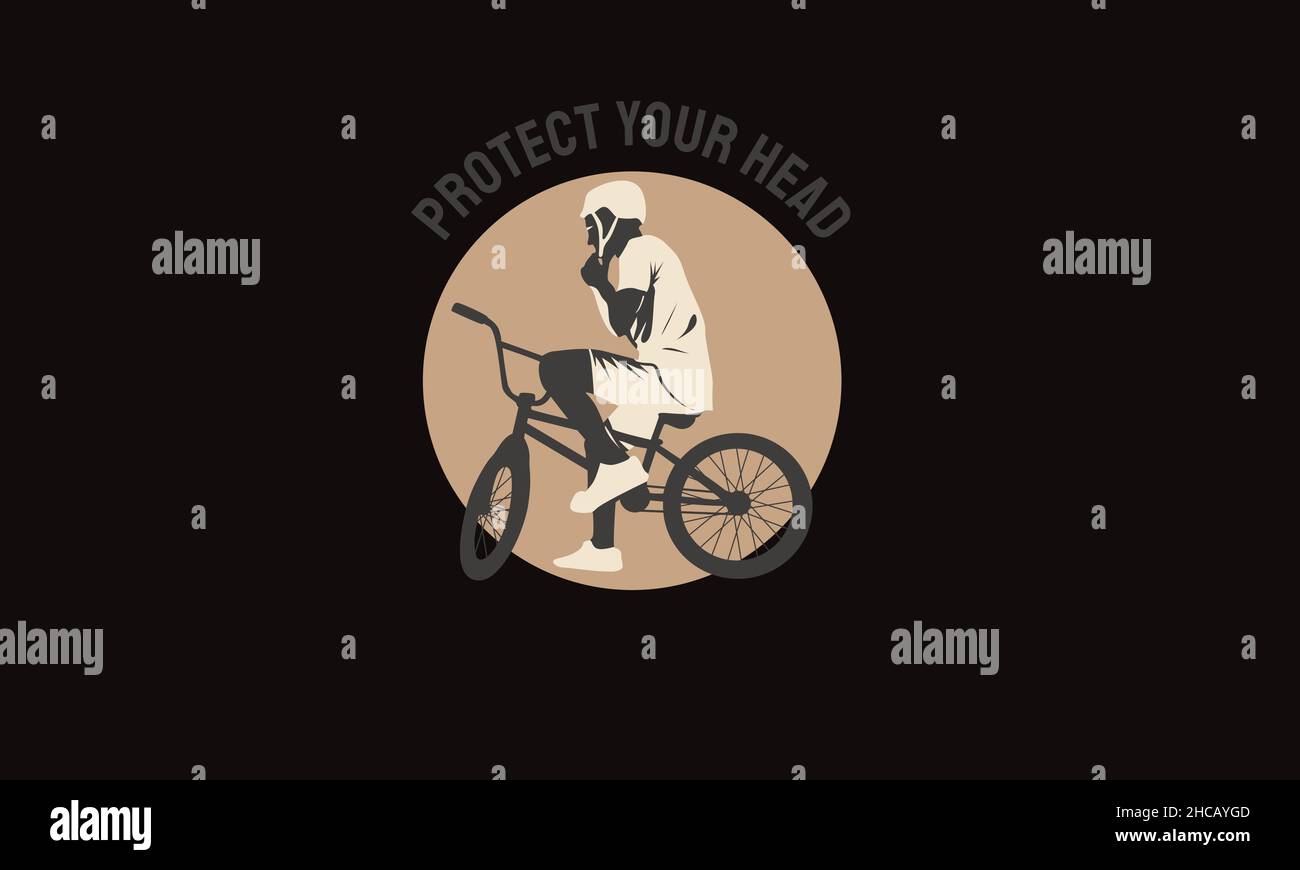 Schützen Sie Ihren Kopf Mann auf Fahrrad trägt Helm Fahrrad T-Shirt Monogramm Text Vektor Vorlage Stock Vektor