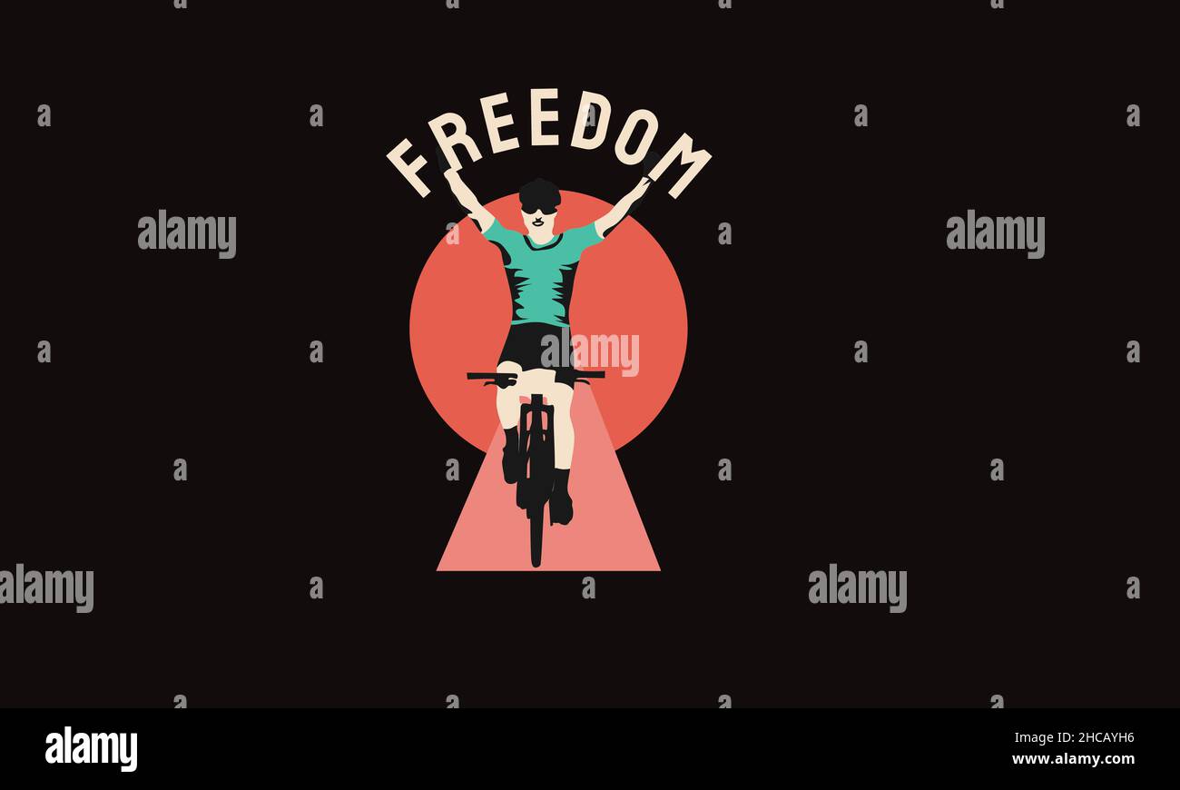 Freedom man Fahrrad fahren mit offenen Hand Fahrrad T-Shirt Monogramm Text Vektor Vorlage Stock Vektor