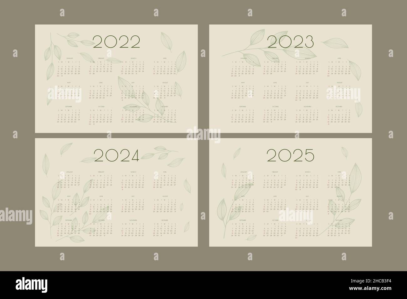 2022 2023 2024 2025 Kalender mit handgezeichneten Blättern und Zweigen, Planer Organizer Vorlage in grün Natur Öko-Stil. Stock Vektor