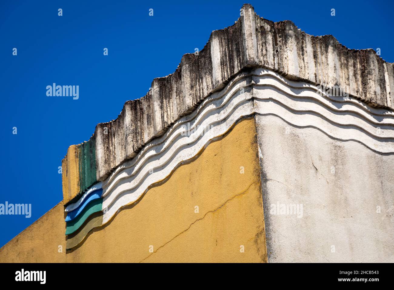 Detail des Gebäudes mit Art déco-Motiv, Cuba Street, Wellington, Nordinsel, Neuseeland Stockfoto