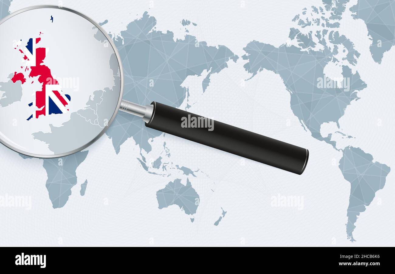 Asien-zentrierte Weltkarte mit vergrößertem Glas auf Großbritannien. Konzentrieren Sie sich auf die Karte von Großbritannien in der pazifischen Weltkarte. Vektorgrafik. Stock Vektor