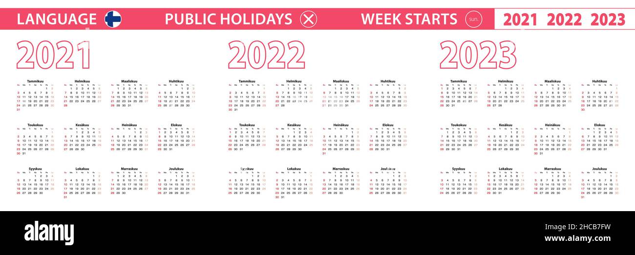 2021, 2022, 2023 Jahre Vektorkalender in finnischer Sprache, die Woche beginnt am Sonntag. Vektorkalender. Stock Vektor