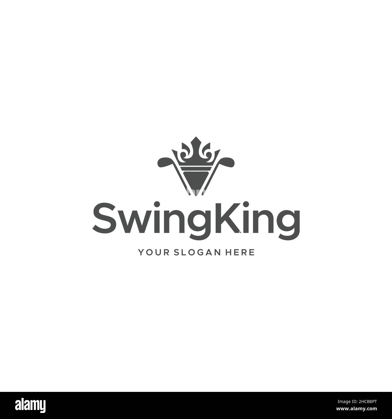 Minimalistisches Golflogo im Swing-Stil mit King Crown Stick Golf Stock Vektor