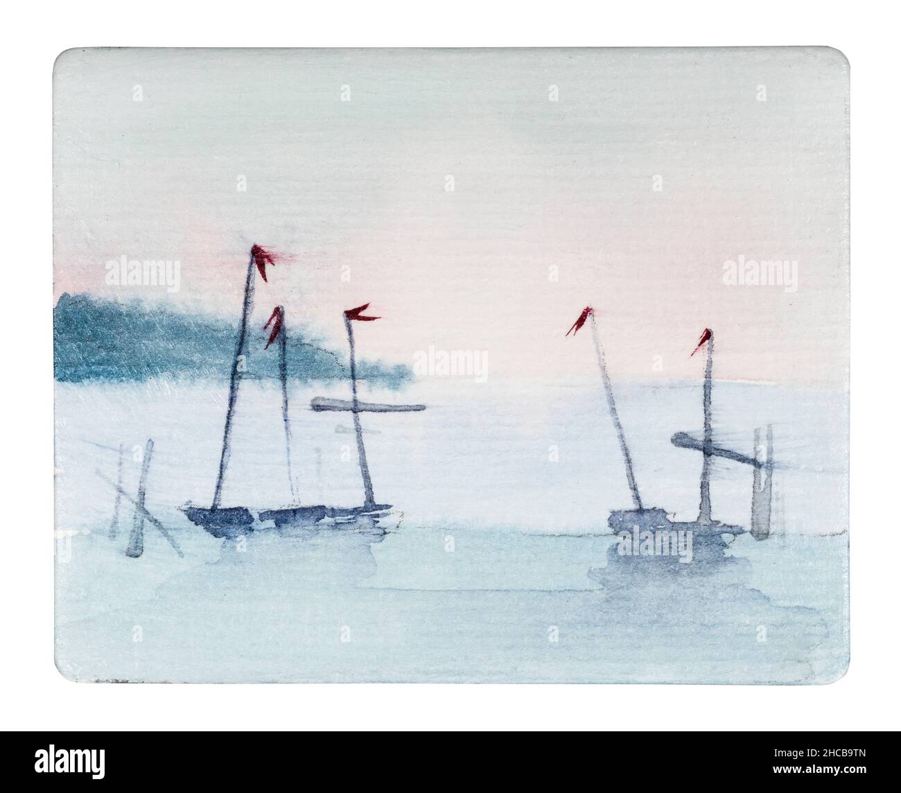 Handgefertigte Miniatur mit Fischerbooten im Meer bei Sonnenuntergang, handgezeichnet von Aquarellen auf weißem, strukturiertem Papier, isoliert auf weißem Hintergrund Stockfoto Handgefertigte Miniatur mit Fischerbooten im Meer bei Sonnenuntergang, handgezeichnet von Aquarellen auf weißem, strukturiertem Papier, isoliert auf weißem Hintergrund Stockfoto