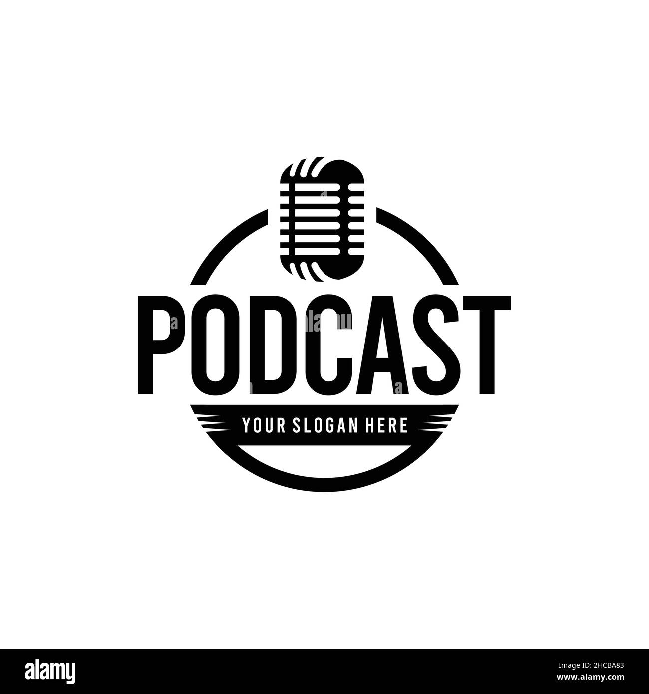 Flaches Silhouette PODCAST-Mikrofon Logo-Design Stock Vektor