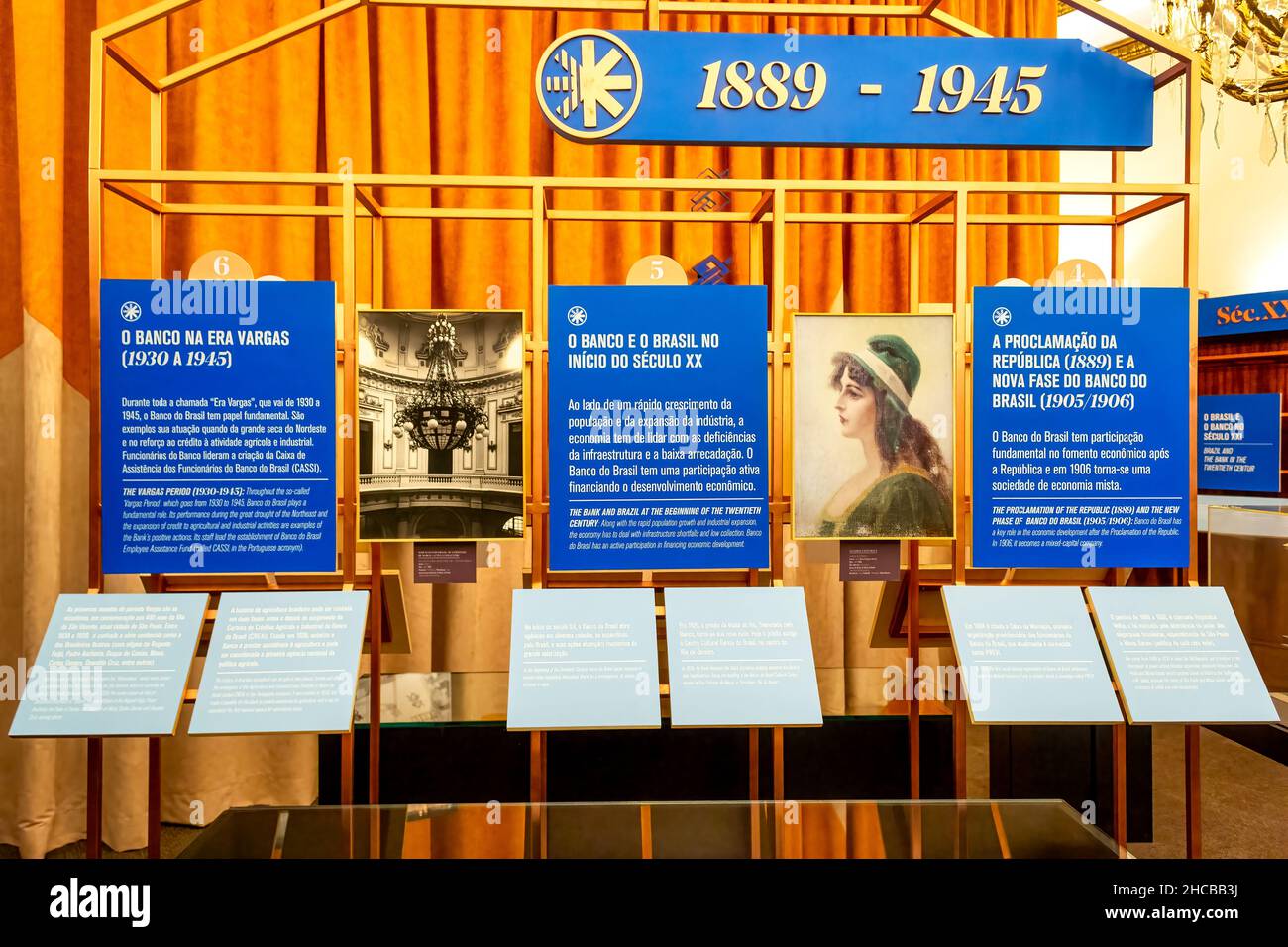 Ausstellung mit Geschichtsnotizen im Museum „Banco do Brasil“ oder der Bank of Brazil. Der berühmte Ort und Touristenattraktion zeigt die Geschichte des Finanzis Stockfoto