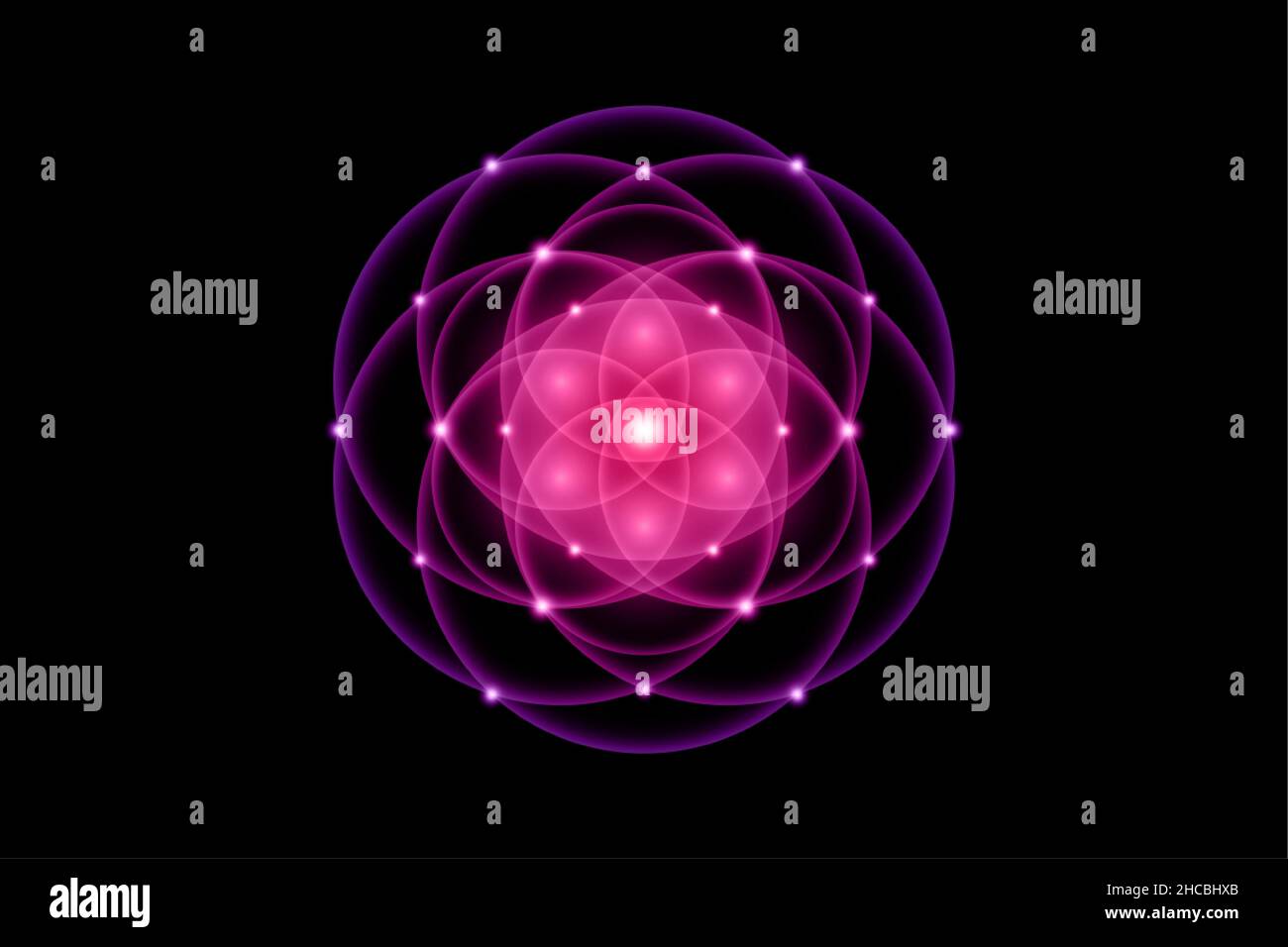 Samen des Lebens, Heilige Geometrie, Blume des Lebens, Lichtlogo Symbol für Harmonie und Gleichgewicht, leuchtender geometrischer Ornament, violetter Lotusvektor isoliert Stock Vektor