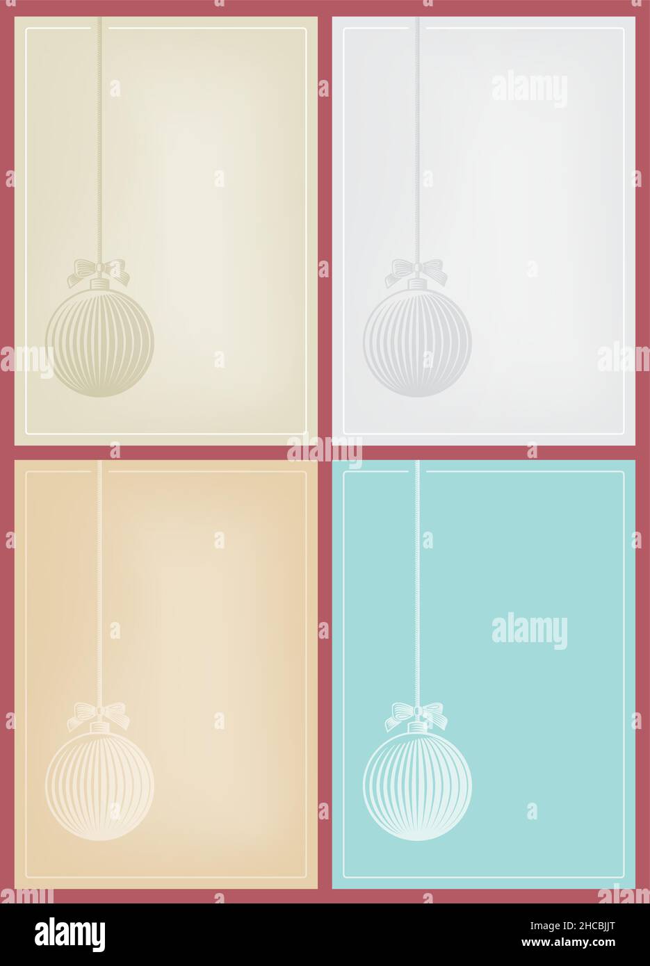 Vier Weihnachtskarten mit Kugel im Vektor-Holzschnitt-Stil. Stock Vektor