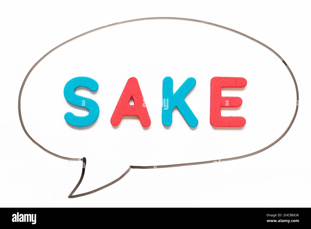 Alphabet Buchstabe mit Wort Sake in schwarzer Linie Handzeichnung als Blase Rede auf weißem Brett Hintergrund Stockfoto