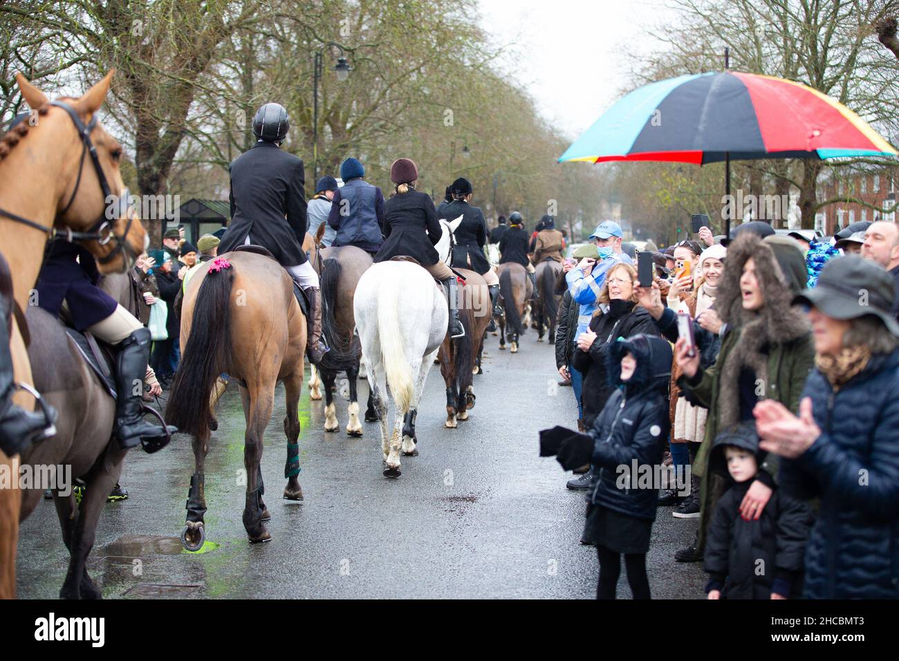 Tenterden, Kent, Großbritannien. 27. Dezember 2021. Das jährliche Treffen der Ashford Valley Tickham Hunt zum zweiten Weihnachtsfeiertag wird im Zentrum von Tenterden in Kent durchgeführt. Hunde und Pferde kommen um 11am Uhr an der Kneipe ‘The Vine Inn’ vorbei, bevor sie die Hauptstraße entlang zu einem vollen Publikum aufbrechen. Das Wetter ist nass mit Nieselregen. Foto: Paul Lawrenson/Alamy Live News Stockfoto