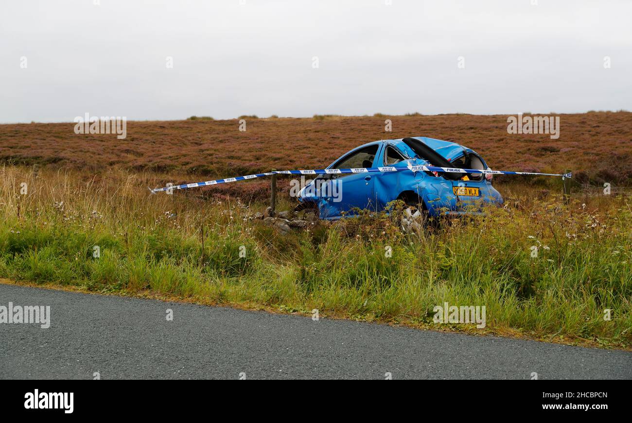 Autounfall auf der Askwith Moor Road Otley Stockfoto