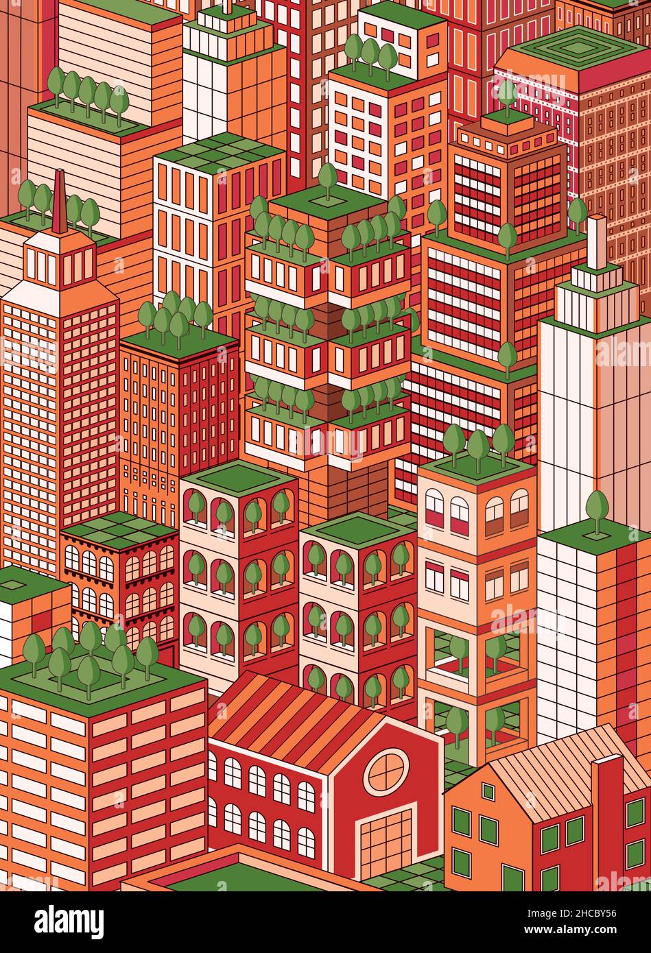 Vektor-isometrische Darstellung einer grün denkenden Stadt, jedes Gebäude ist ein gruppiertes Element Stock Vektor