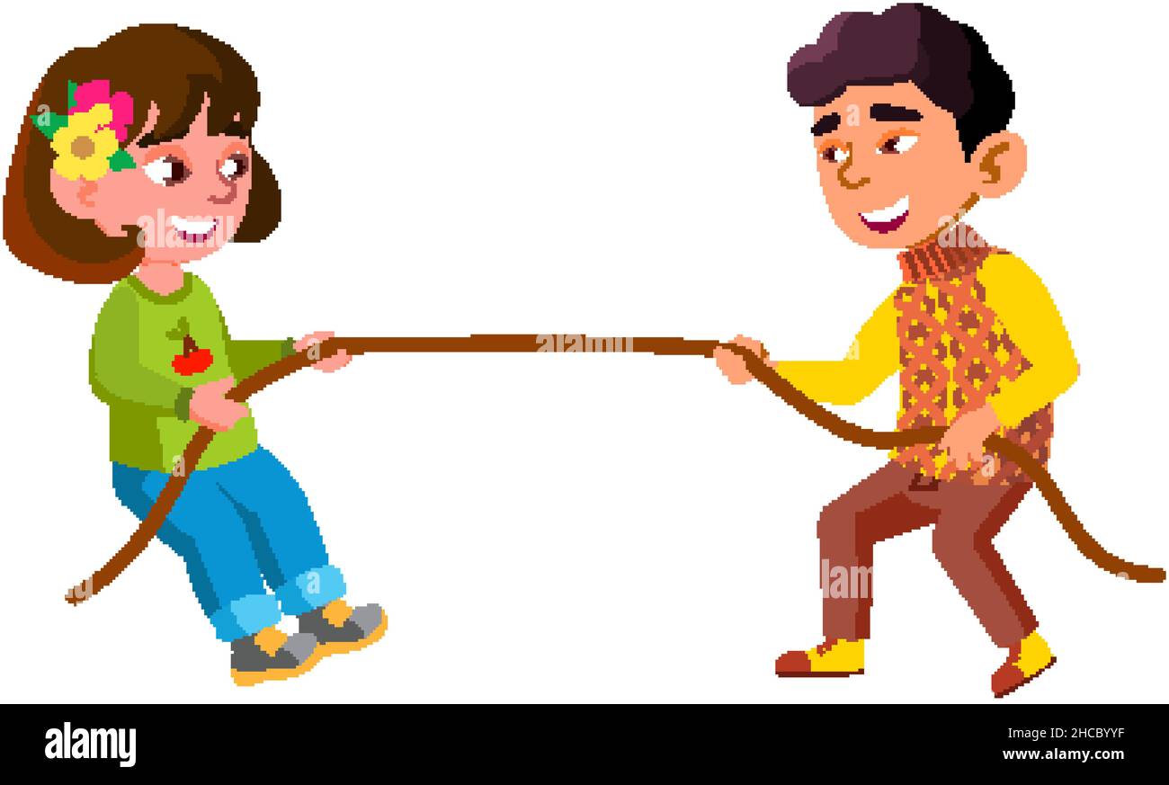Junge Und Mädchen Kinder Ziehen Seil Zusammen Vektor Stock Vektor