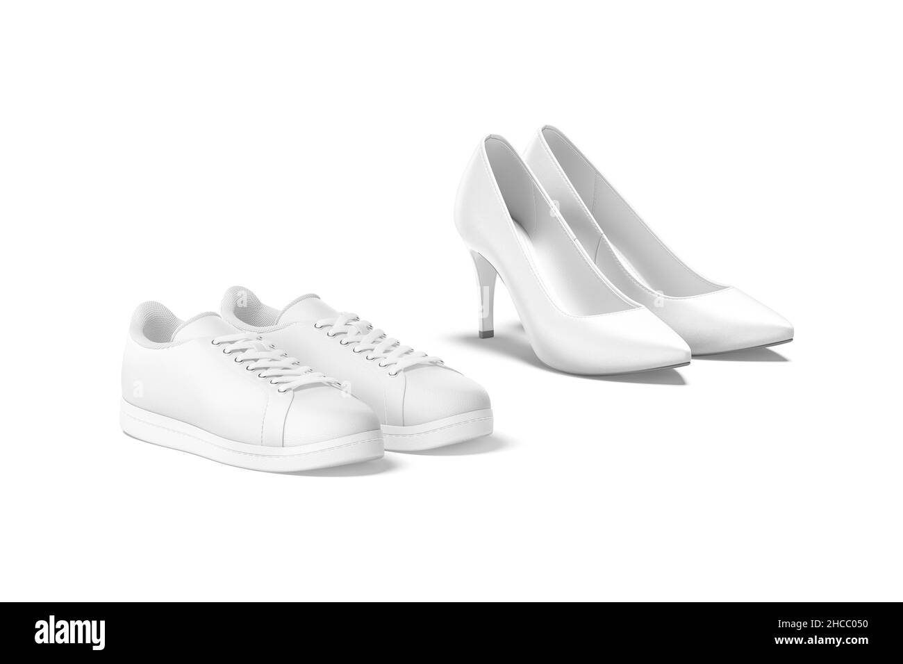 Sneakers aus weißem Leder und High Heels Schuhe Mockup, isoliert Stockfoto