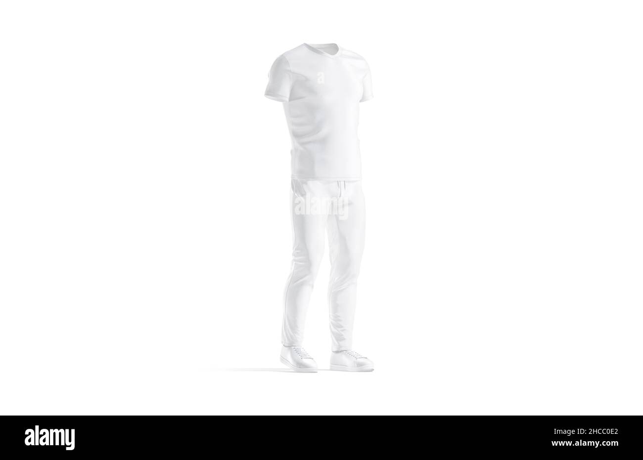 Weiße Sportuniform mit V-Ausschnitt-T-Shirt und Pants-Mockup Stockfoto