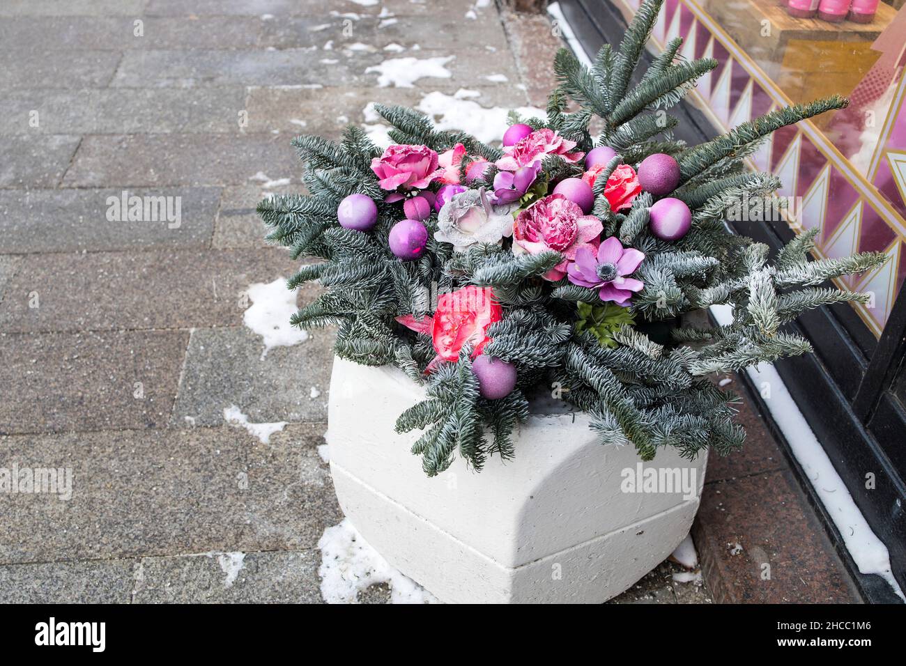 Weihnachtliche Blumenarrangements von trockenen Tannenzweigen, künstlichen Anemonen und Rosen in Himbeer- und Purpurtönen, bedeckt mit Schnee Stockfoto