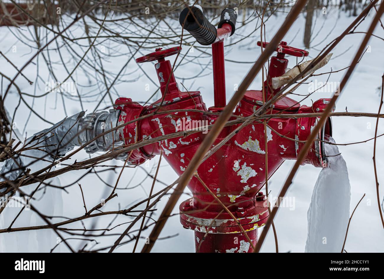 Roter Hydrant V - geformt mit gefrorenem Wasserstrahl. Hochwertige Fotos Stockfoto