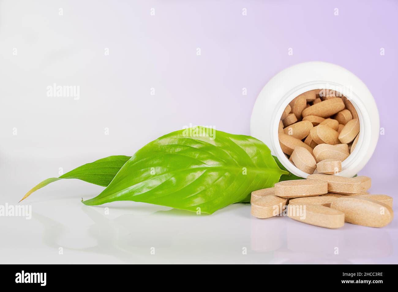 Weiße Botle mit Kräutertabletten und grünen Blättern auf hellblauem Hintergrund aus nächster Nähe. Konzept der Kräutermedizin Stockfoto