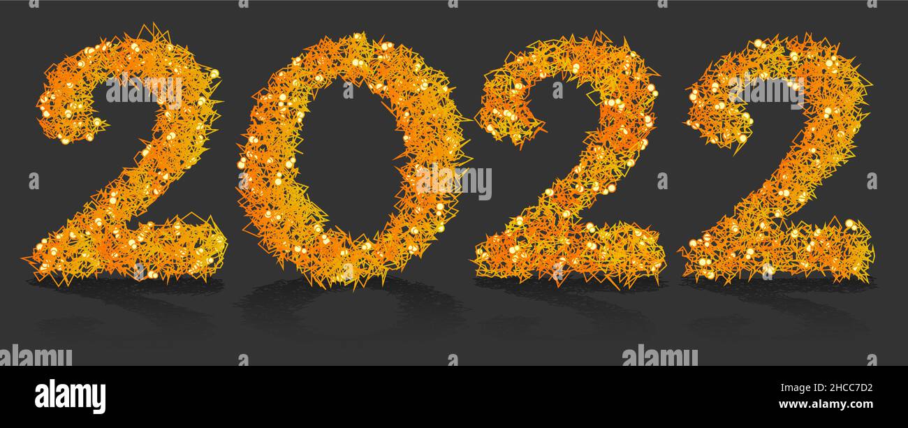 Neujahr 2022, in Schrift geschriebene Zahlen aus verworrenen scharfen stacheligen Linien. Abstrakte Zahlen des neuen Jahres. Vektor auf dunklem Hintergrund isoliert Stock Vektor