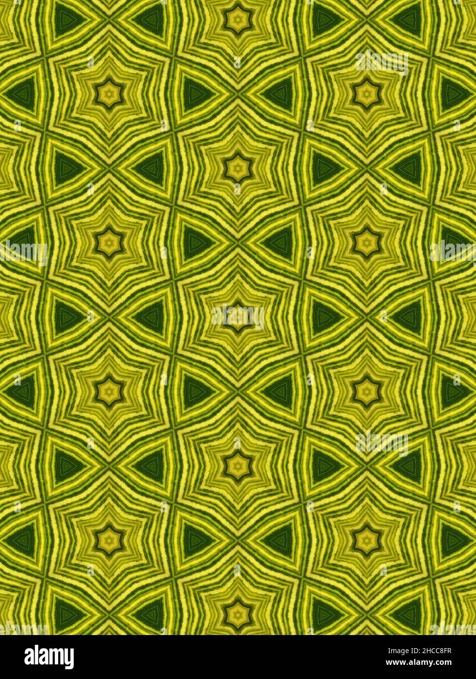 Kaleidoskop-Blatt, ein Blatt, das in ein Kaleidoskop-Bild verwandelt wurde und alle in Grüntönen gehalten sind. Stockfoto