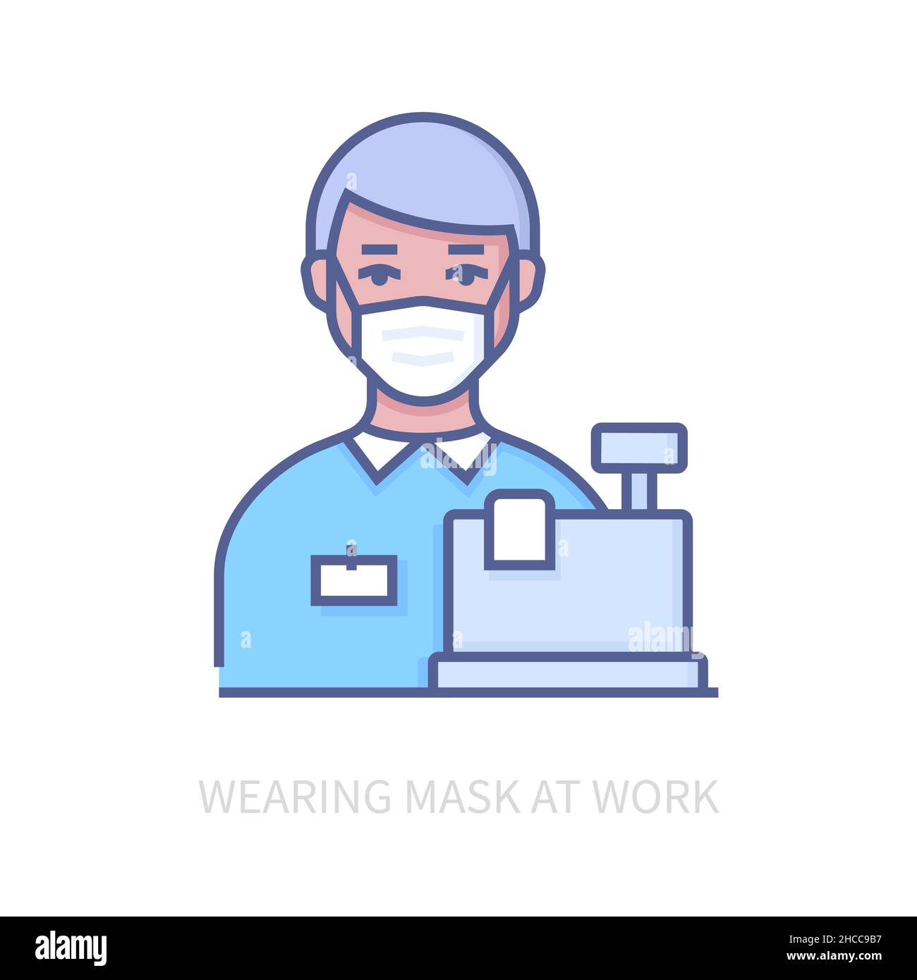 Tragen Sie bei der Arbeit eine Maske - ein modernes, farblich gestalterisches Symbol auf weißem Hintergrund. Ordentliches, detailliertes Bild des Kassierers mit einfachem Atemschutz Stock Vektor