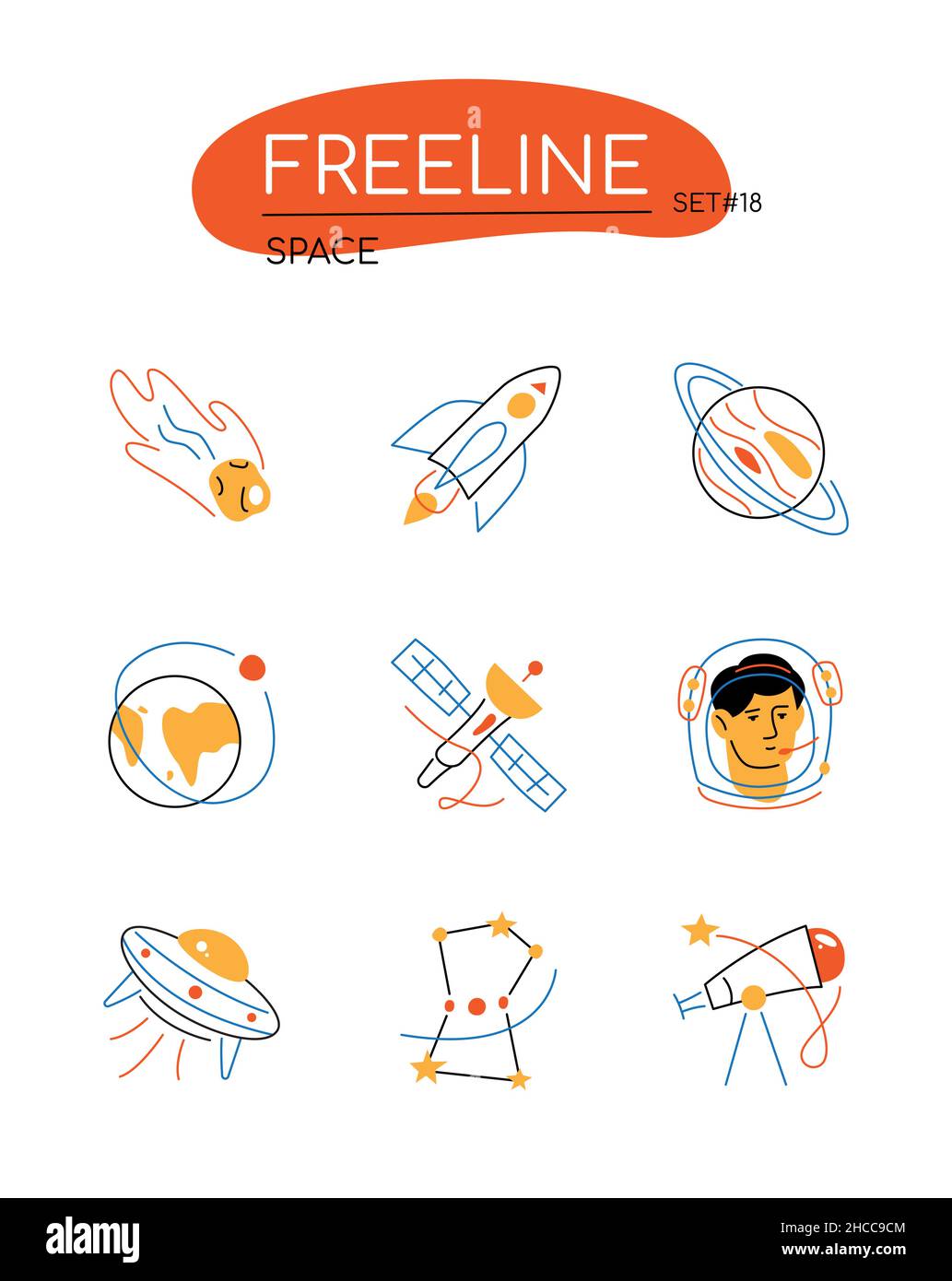 Space - Moderne Linie Design Stil Symbole in orange Farbe gesetzt. Außerirdische Exploration, Astroid, Rakete, Planet, Galaxie, astronaut, fliegende Untertasse, Stock Vektor
